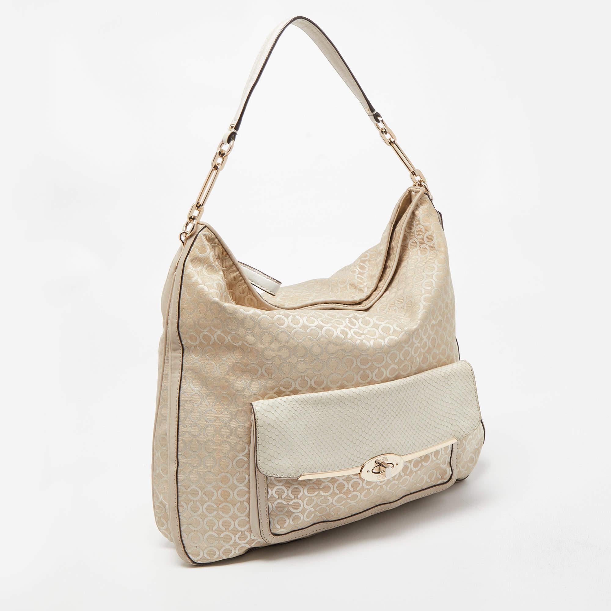 Beige Coach Cream Op Art Fabric and Leather Madison Hobo For Sale