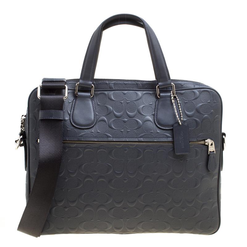 Coach Dark Blue Coated Canvas Hudson Slim Laptop Bag