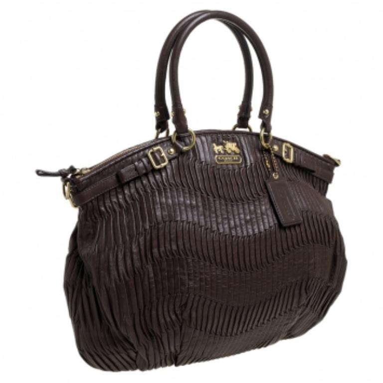 Coach Dark Brown Gathered Leather Lindsey Satchel For Sale 3