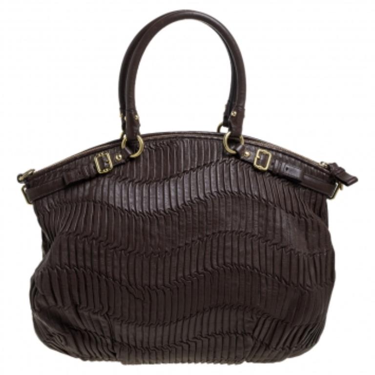 Coach Dark Brown Gathered Leather Lindsey Satchel For Sale 4