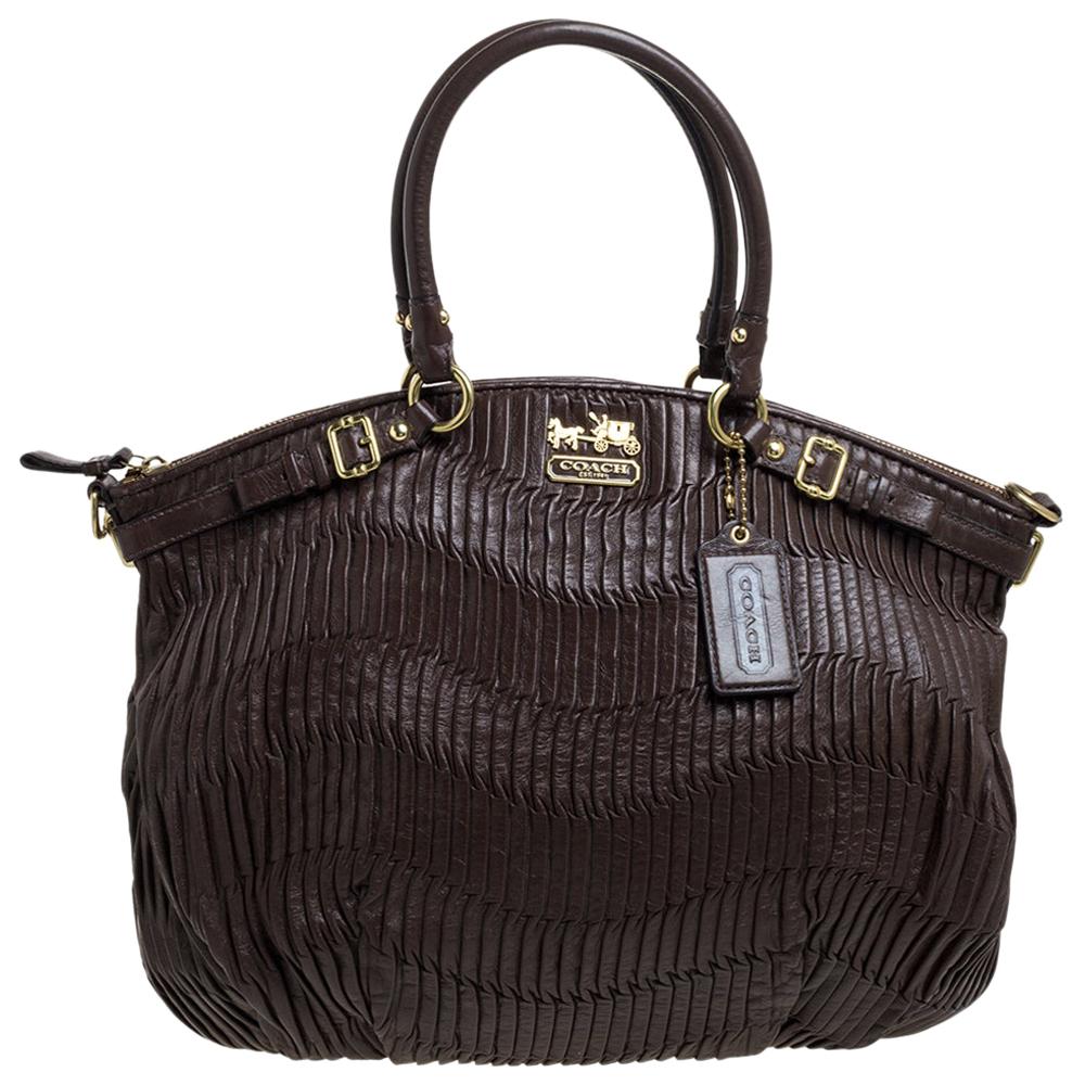 Coach Dark Brown Gathered Leather Lindsey Satchel For Sale