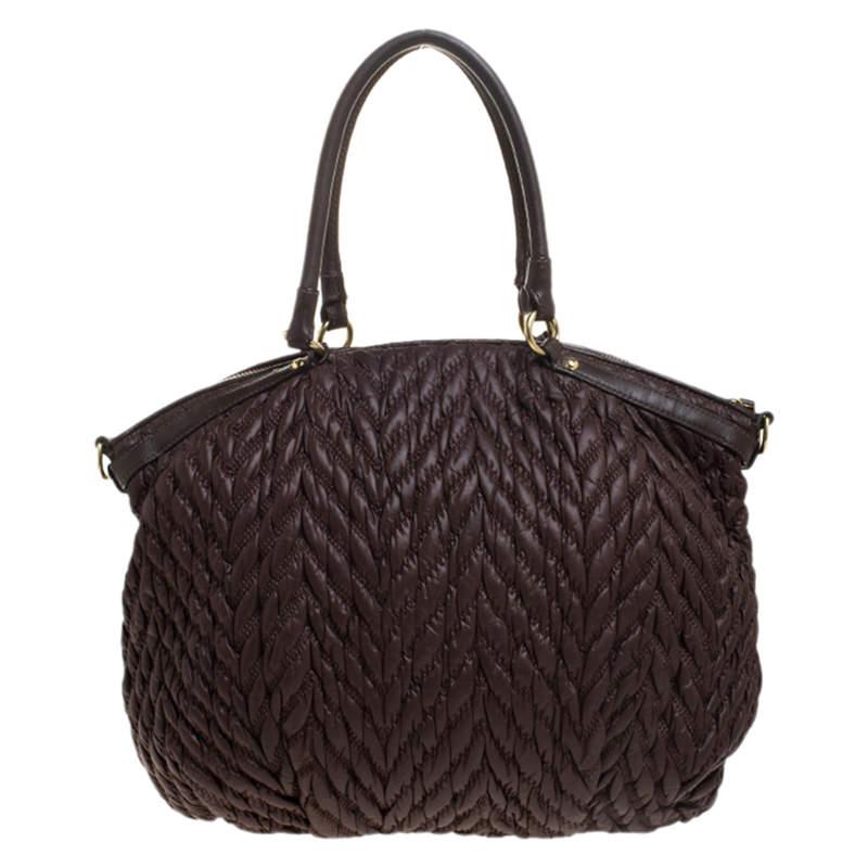 Coach Dark Brown Quilted Nylon and Leather 70th Anniversary Madison Satchel In Good Condition In Dubai, Al Qouz 2