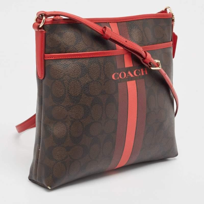 Coach Dark Brown/Red Signature Coated Canvas Varsity Striped File Crossbody Bag In Fair Condition For Sale In Dubai, Al Qouz 2