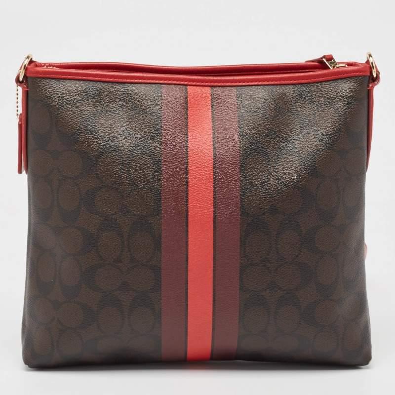 Women's Coach Dark Brown/Red Signature Coated Canvas Varsity Striped File Crossbody Bag For Sale