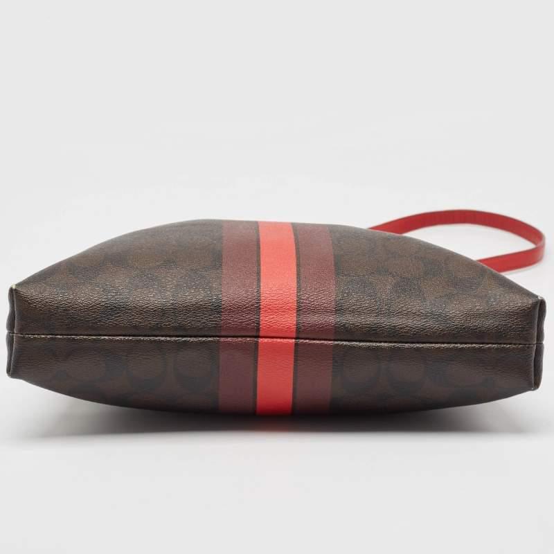 Coach Dark Brown/Red Signature Coated Canvas Varsity Striped File Crossbody Bag For Sale 4
