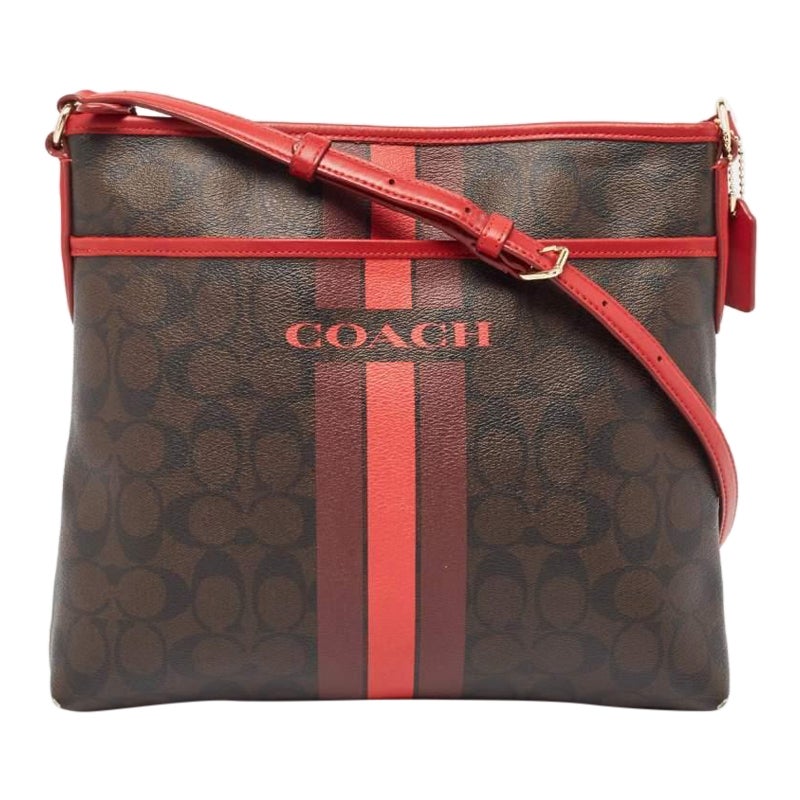 Coach Dark Brown/Red Signature Coated Canvas Varsity Striped File Crossbody Bag