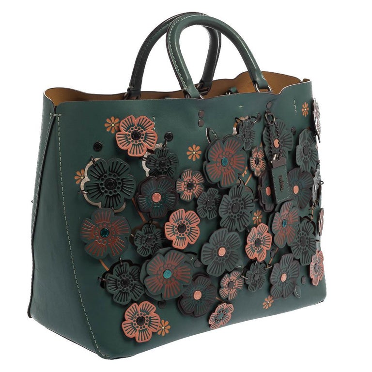 Coach Dark Green Floral Appliqué Leather Rogue Tote at 1stDibs coach