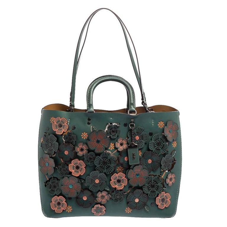 Coach Dark Green Floral Appliqué Leather Rogue Tote at 1stDibs coach