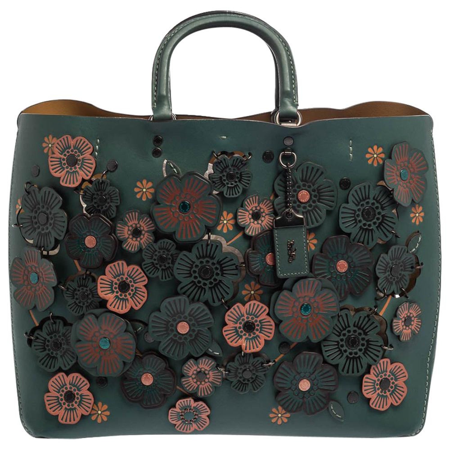 Coach Dark Green Floral Appliqué Leather Rogue Tote at 1stDibs | coach  green flower purse