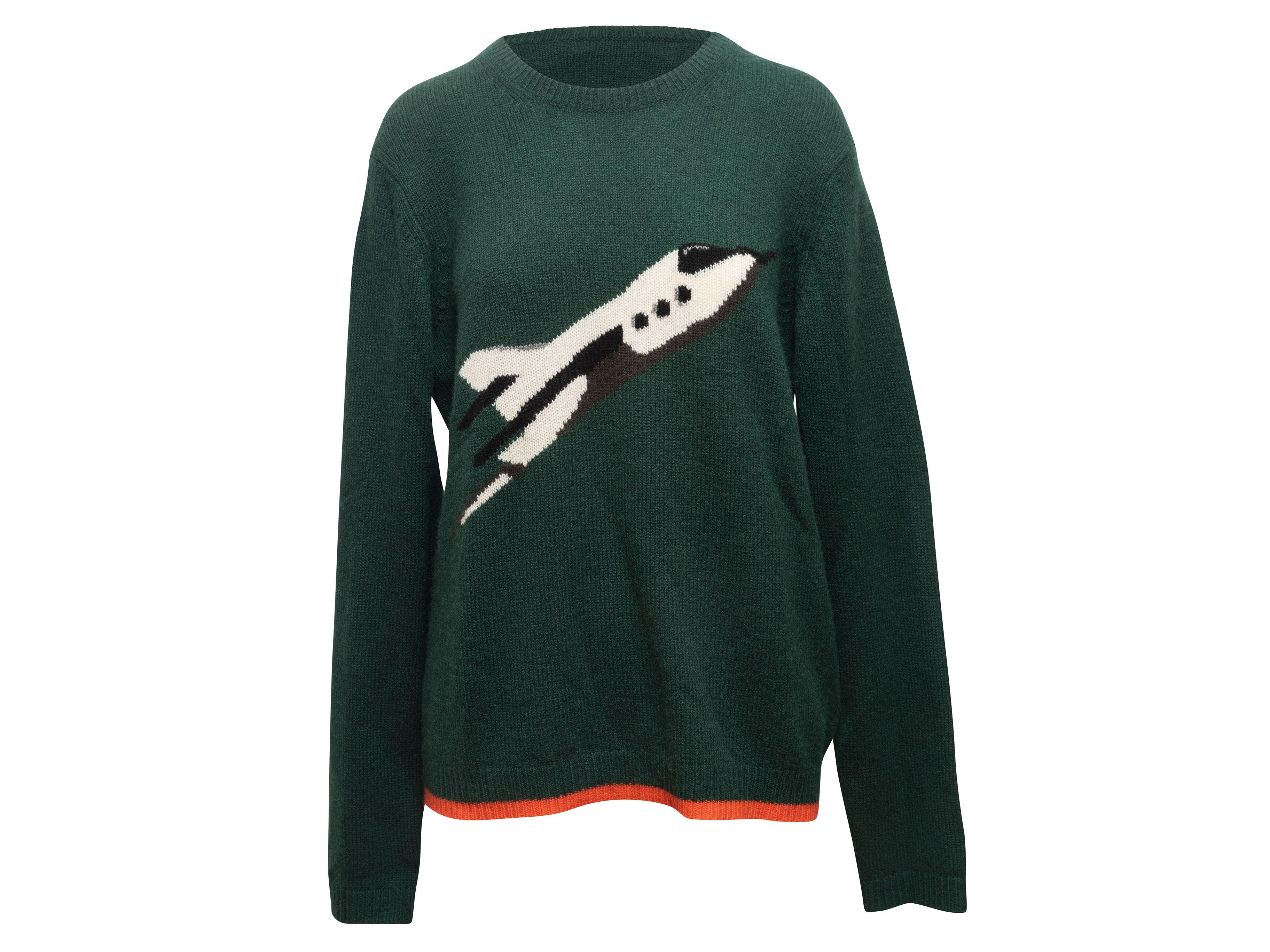 ﻿Product Details: Dark green and multicolor cashmere space shuttle motif sweater by Coach 1941. Crew neck. Long sleeves. 38