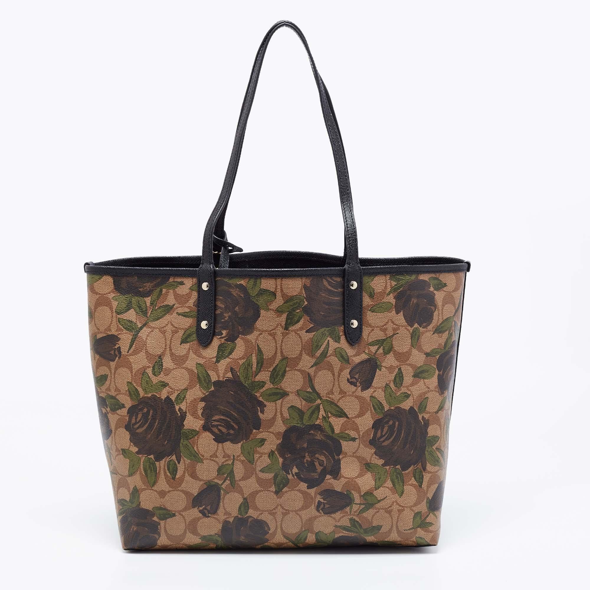 This City tote comes from the House of Coach. It is crafted from black-beige floral-printed Signature coated canvas and leather on the exterior. It features two handles, gold-toned hardware, and a leather-lined interior. This Coach creation is ideal