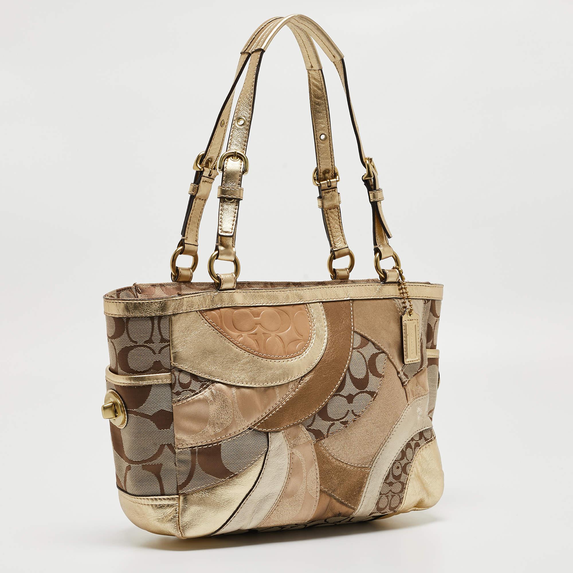 Brown Coach Gold/Beige Signature Canvas, Leather and Suede Patchwork Tote