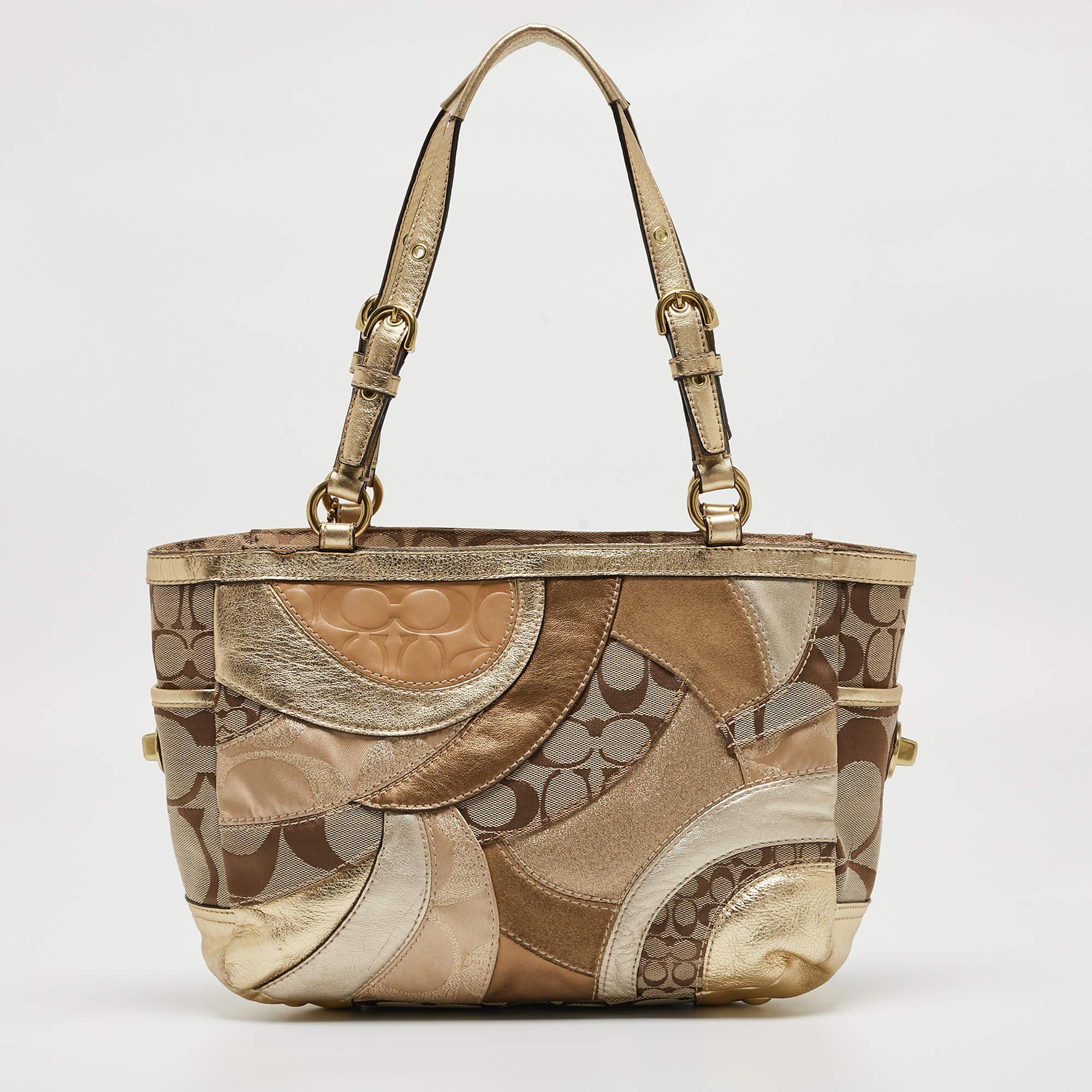 Coach Gold/Beige Signature Canvas, Leather and Suede Patchwork Tote In Good Condition In Dubai, Al Qouz 2