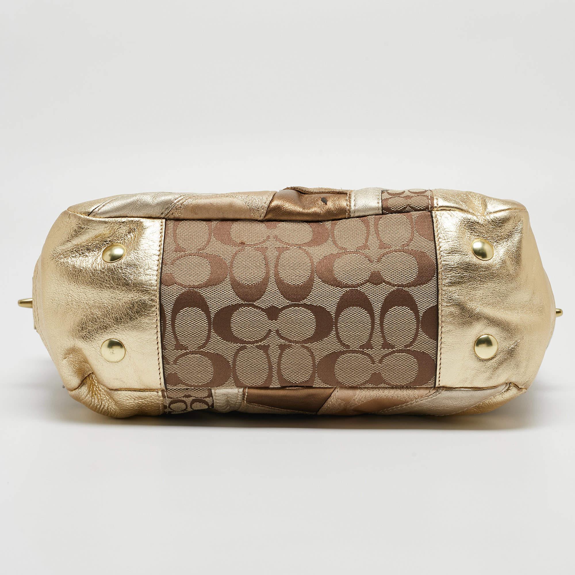 Coach Gold/Beige Signature Canvas, Leather and Suede Patchwork Tote 4