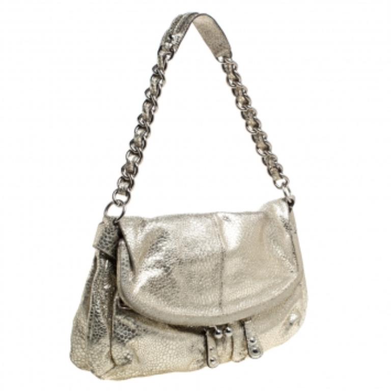 Women's Coach Gold Textured Leather Frame Fold Over Hobo For Sale