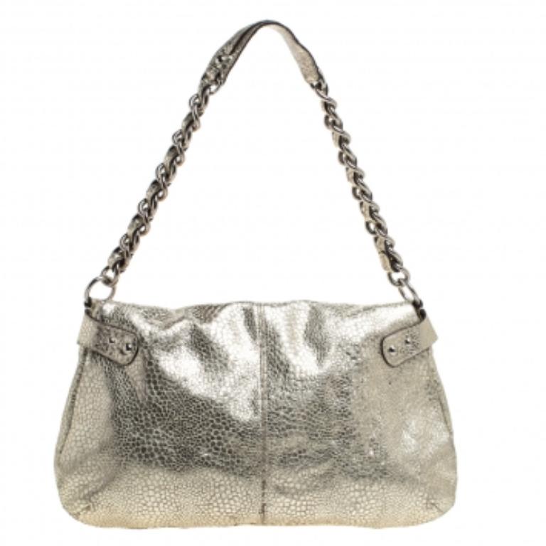 Coach Gold Textured Leather Frame Fold Over Hobo For Sale 1
