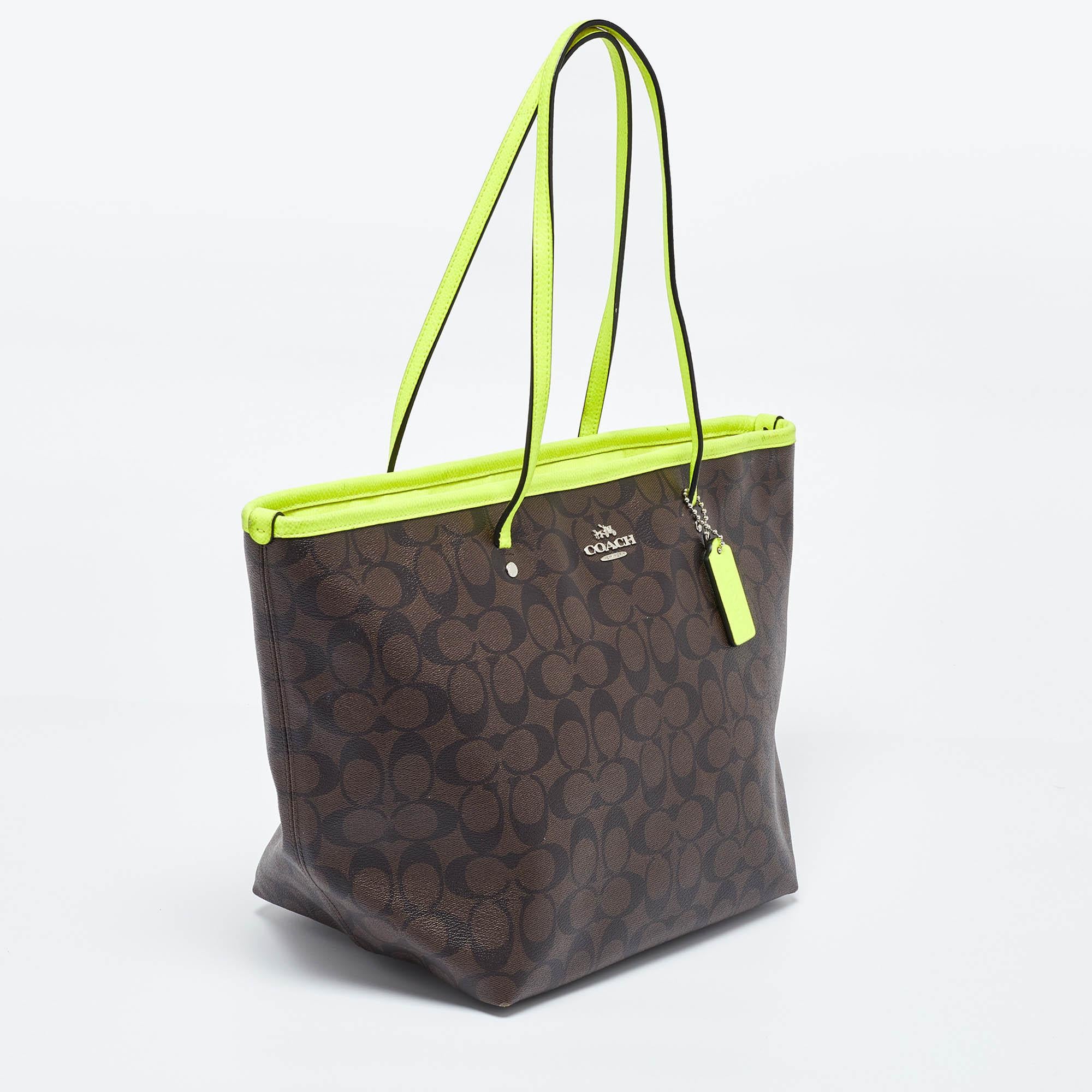 Black Coach Green/Brown Signature Coated Canvas and Leather Street Zip Tote