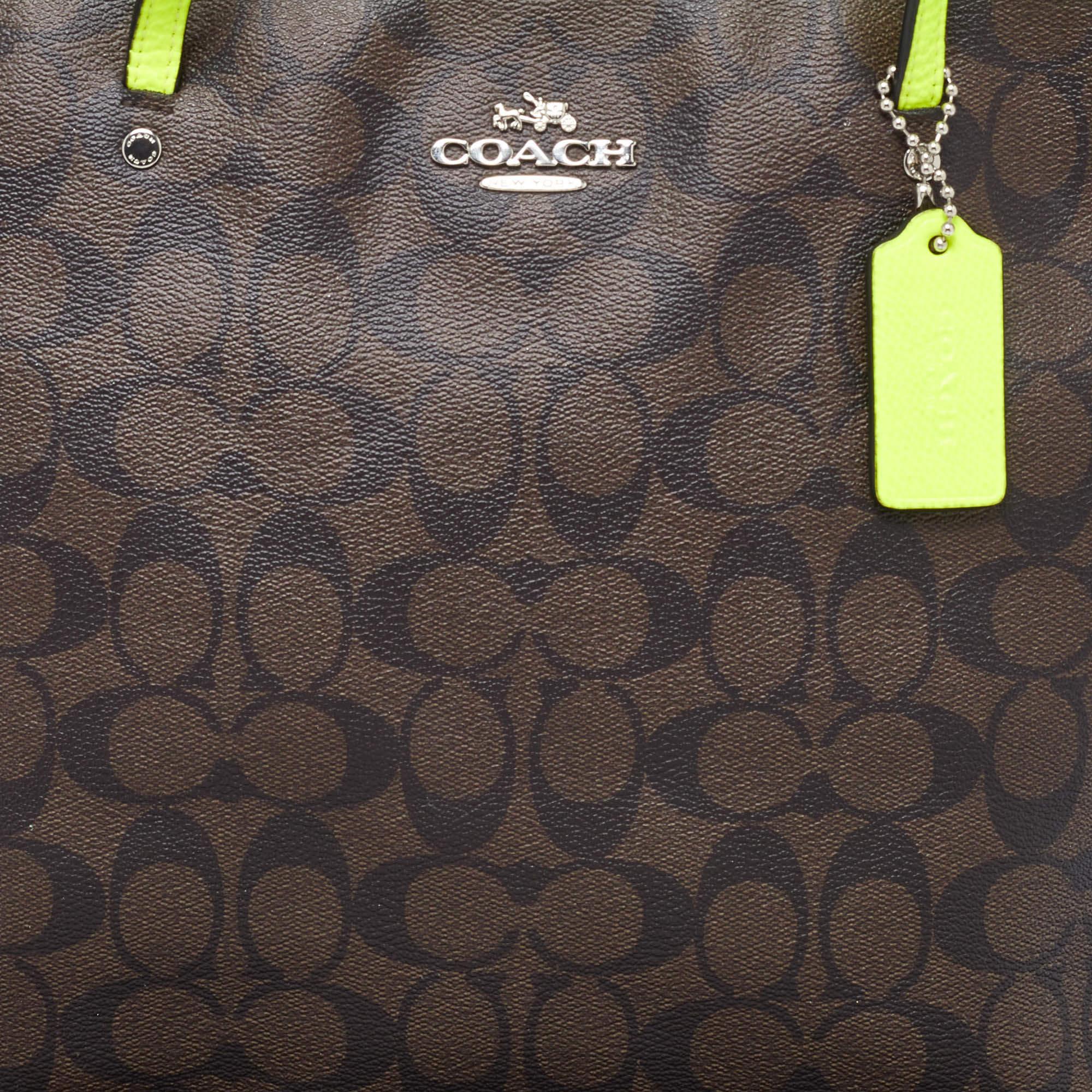 Women's Coach Green/Brown Signature Coated Canvas and Leather Street Zip Tote