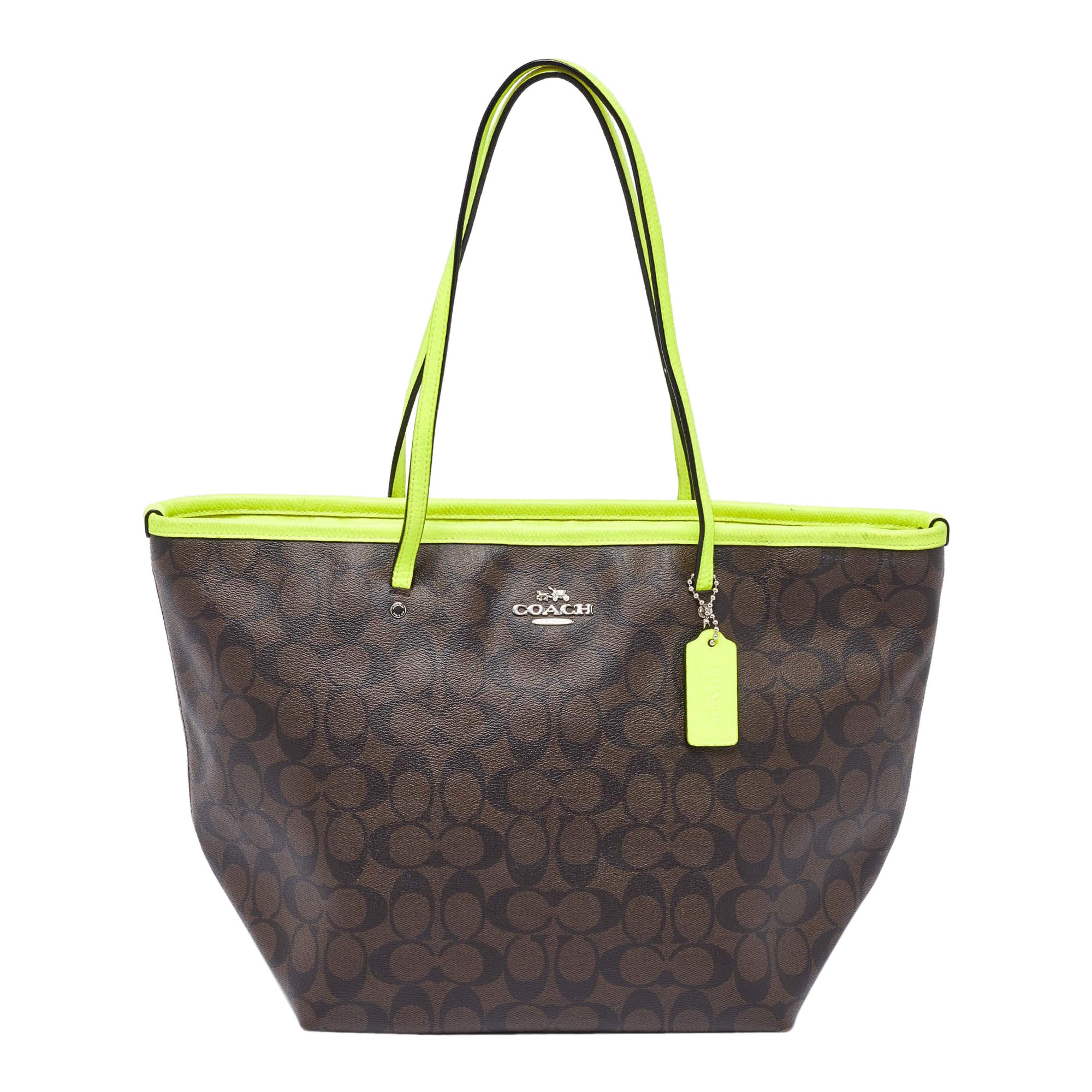 Coach Green/Brown Signature Coated Canvas and Leather Street Zip Tote