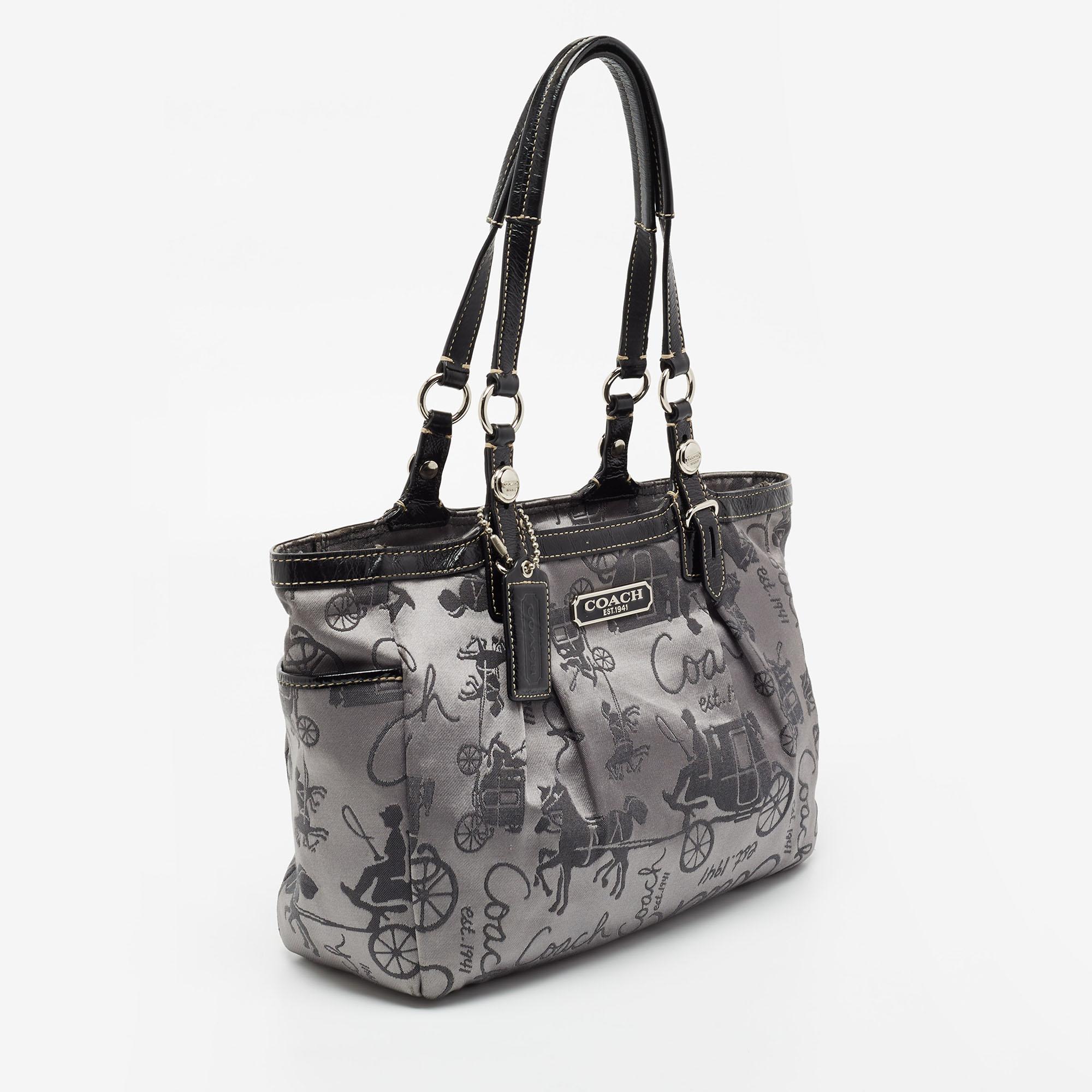 Women's Coach Grey/Black Printed Fabric and Leather Tote
