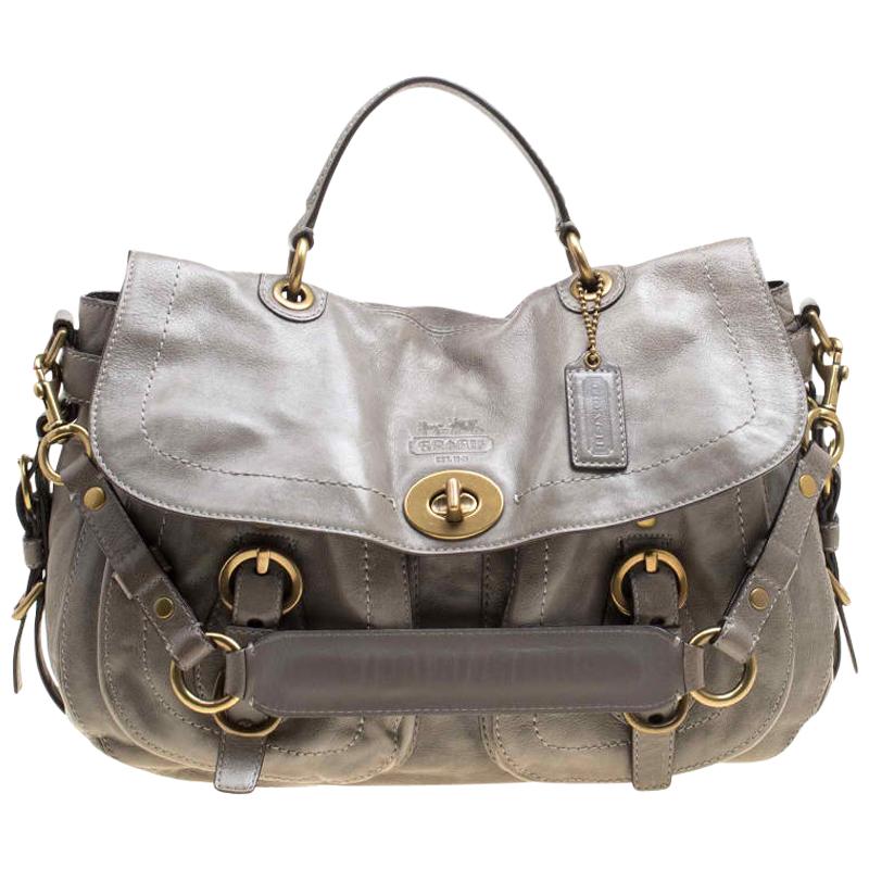 Coach Grey Glazed Leather Double Pocket Top Handle Bag with Wallet