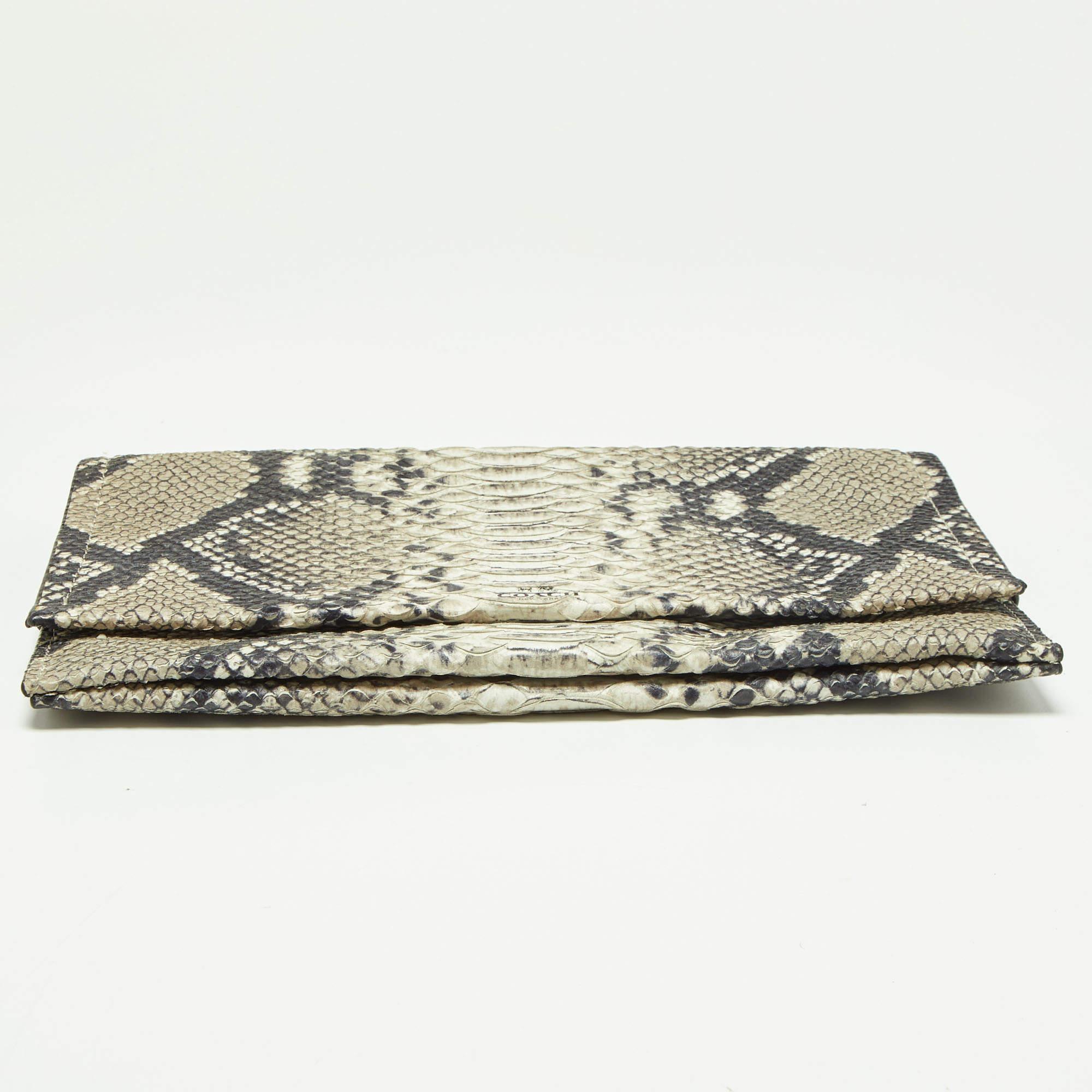 Gray Coach Grey Python Embossed Leather Flap Clutch