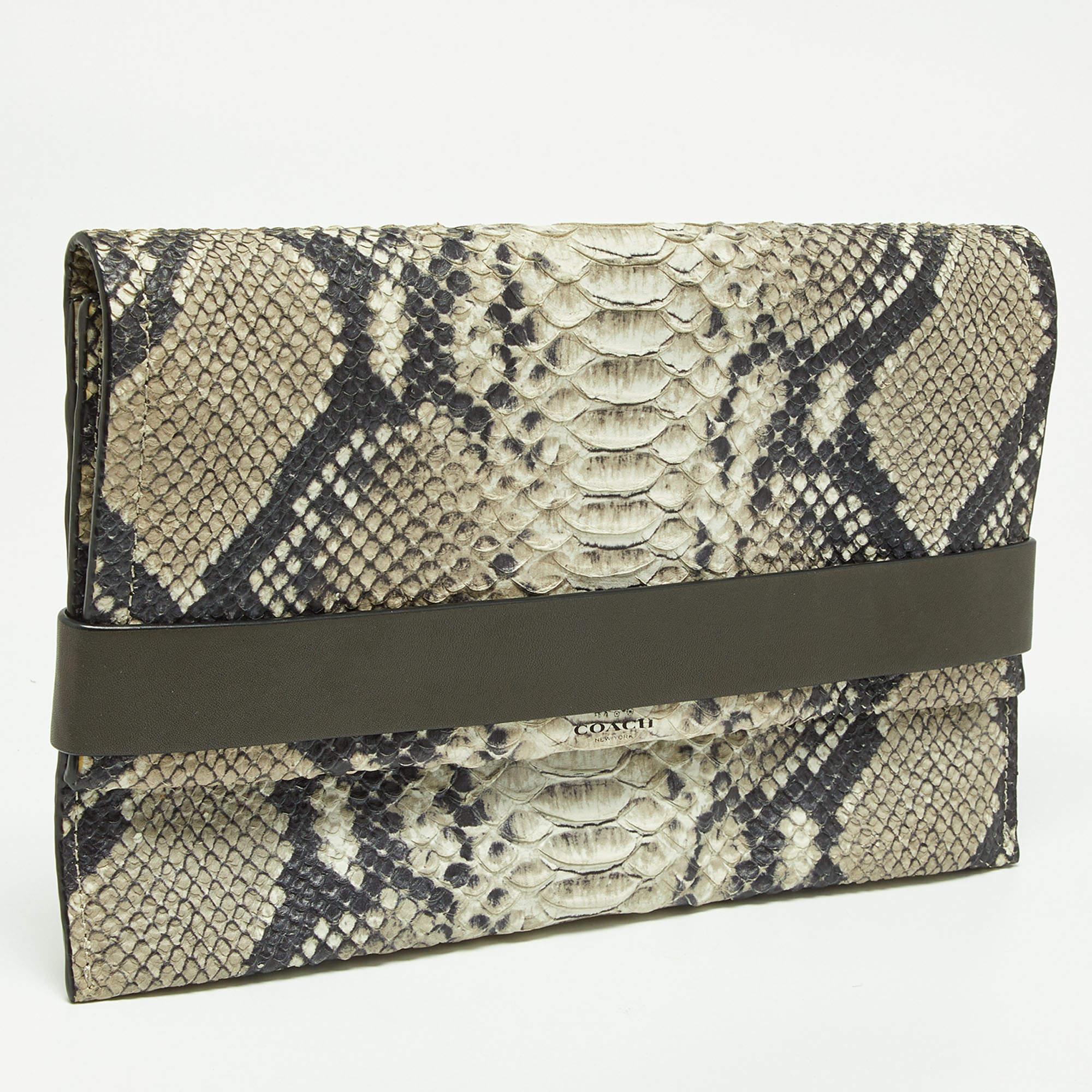 Coach Grey Python Embossed Leather Flap Clutch 2