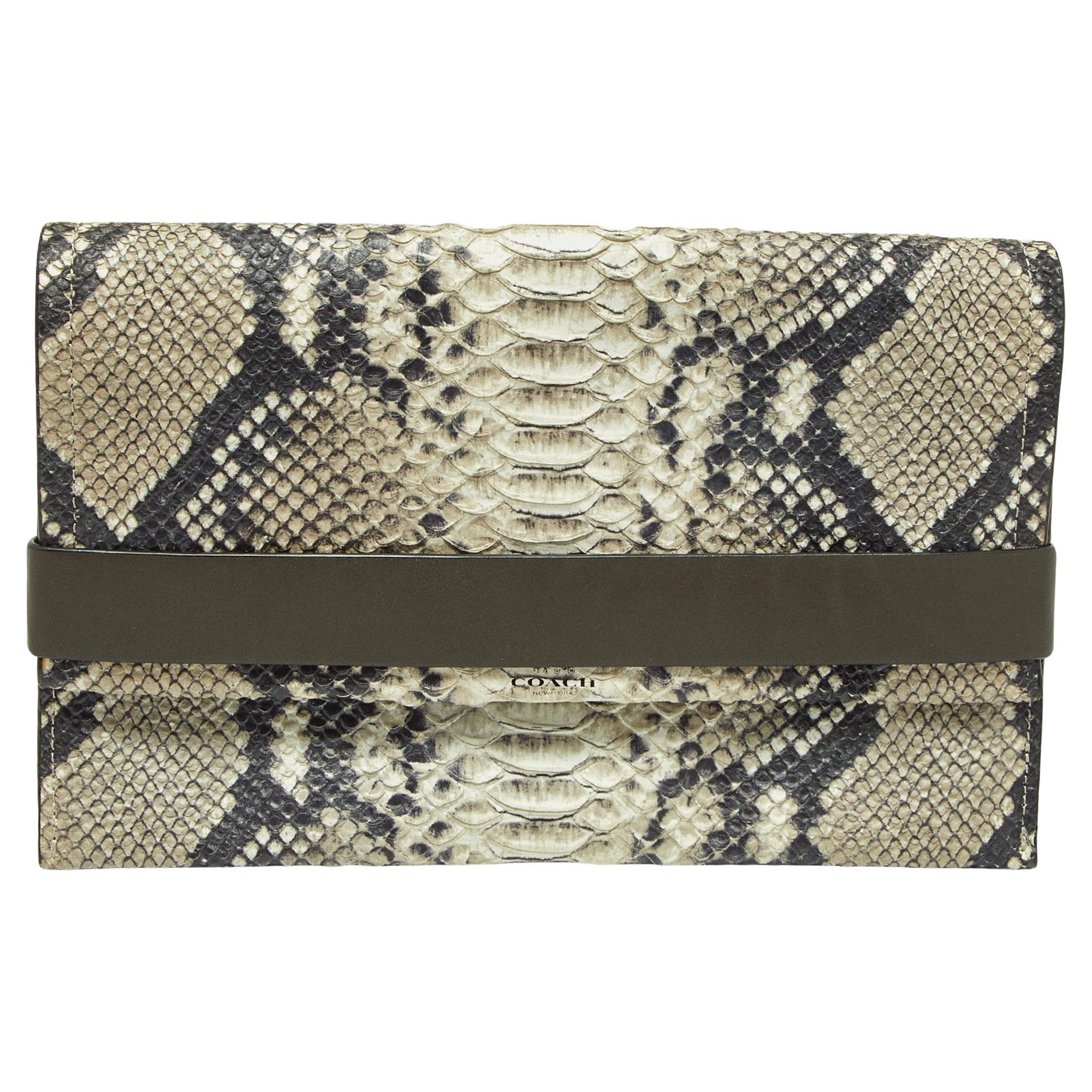 Coach Grey Python Embossed Leather Flap Clutch