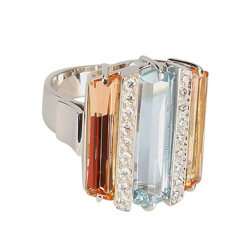 Statement-Ring mit Aquamarin-Topas und Diamant-Edelsteinbesatz aus Gold (Gemischter Schliff)