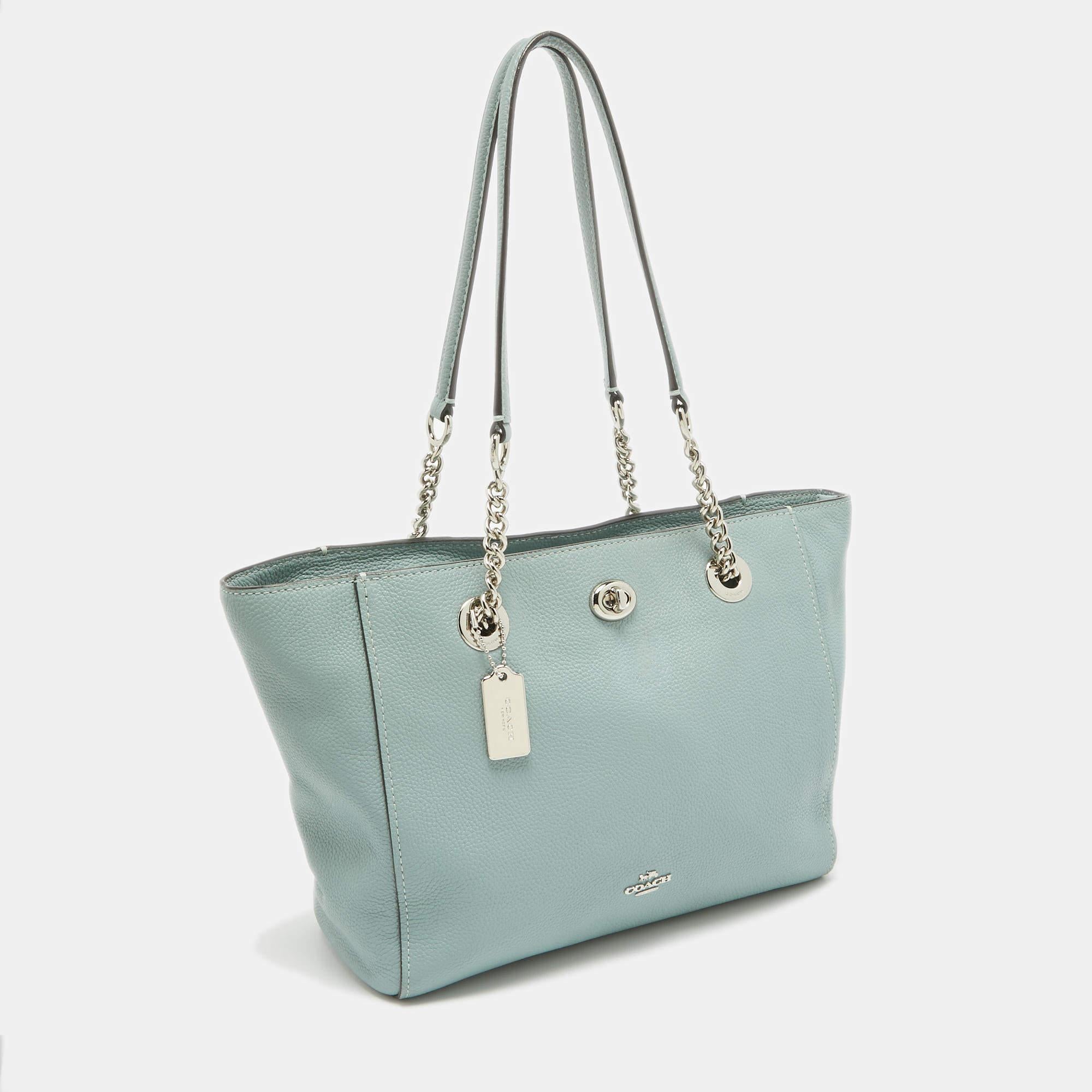 Gray Coach Light Blue Leather Turnlock Chain Tote