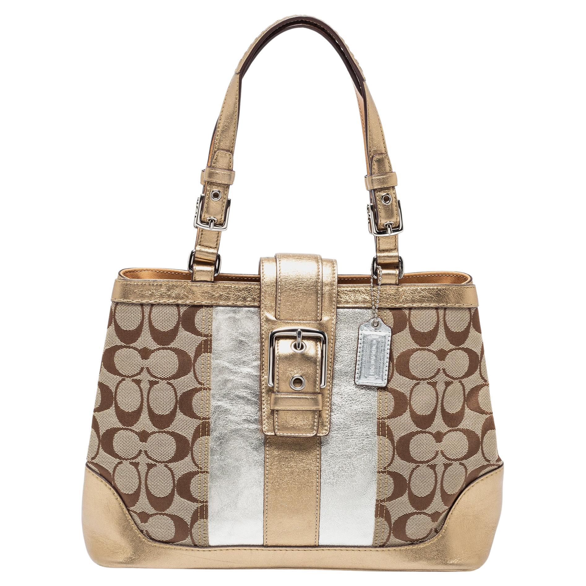 Coach Metallic Gold/Silver Signature Canvas And Leather Tote