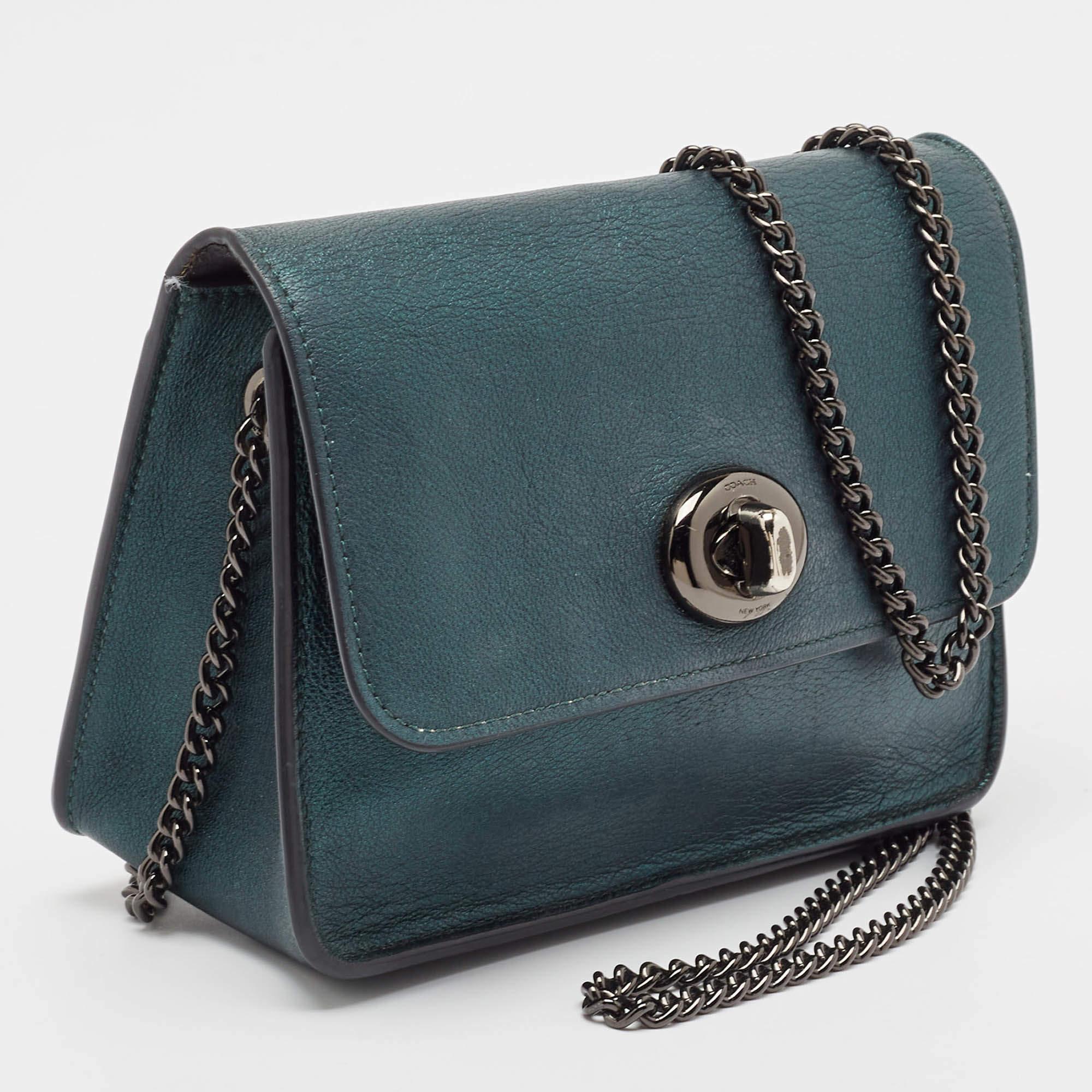 Black Coach Metallic Green Leather Bowery Crossbody Bag
