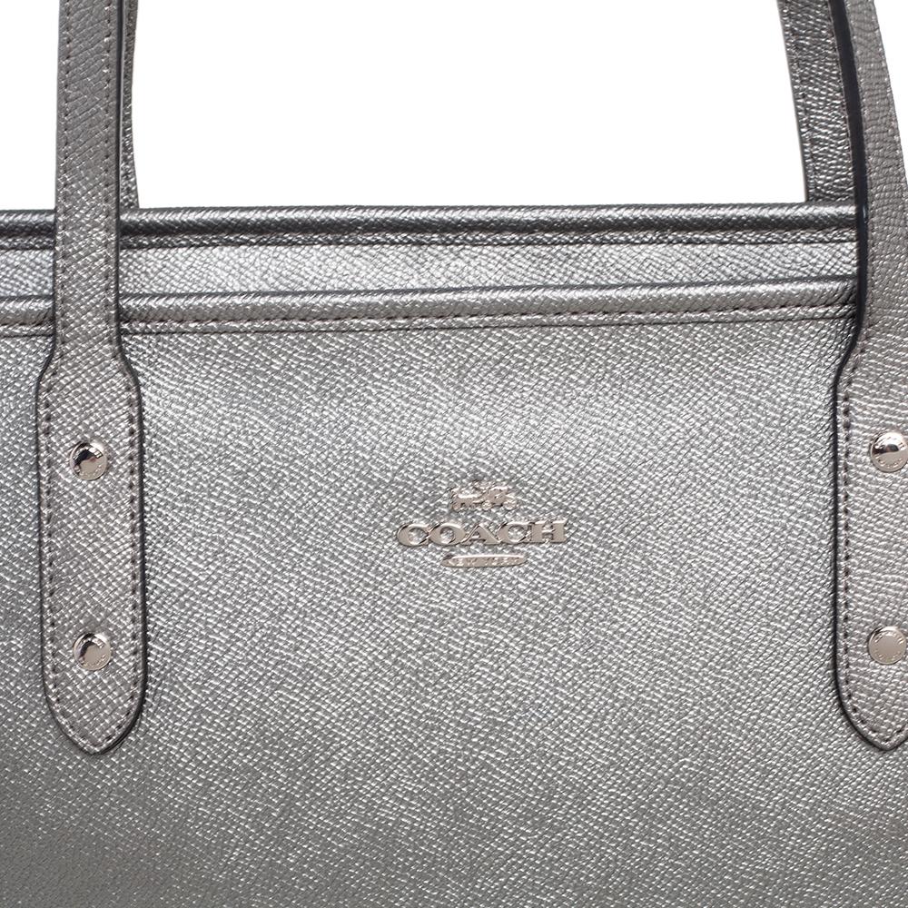 Women's Coach Metallic Grey Leather City Zip Tote