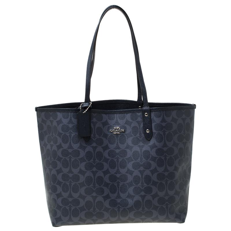 Coach Midnight Blue Signature Coated Canvas Reversible City Tote For Sale 3