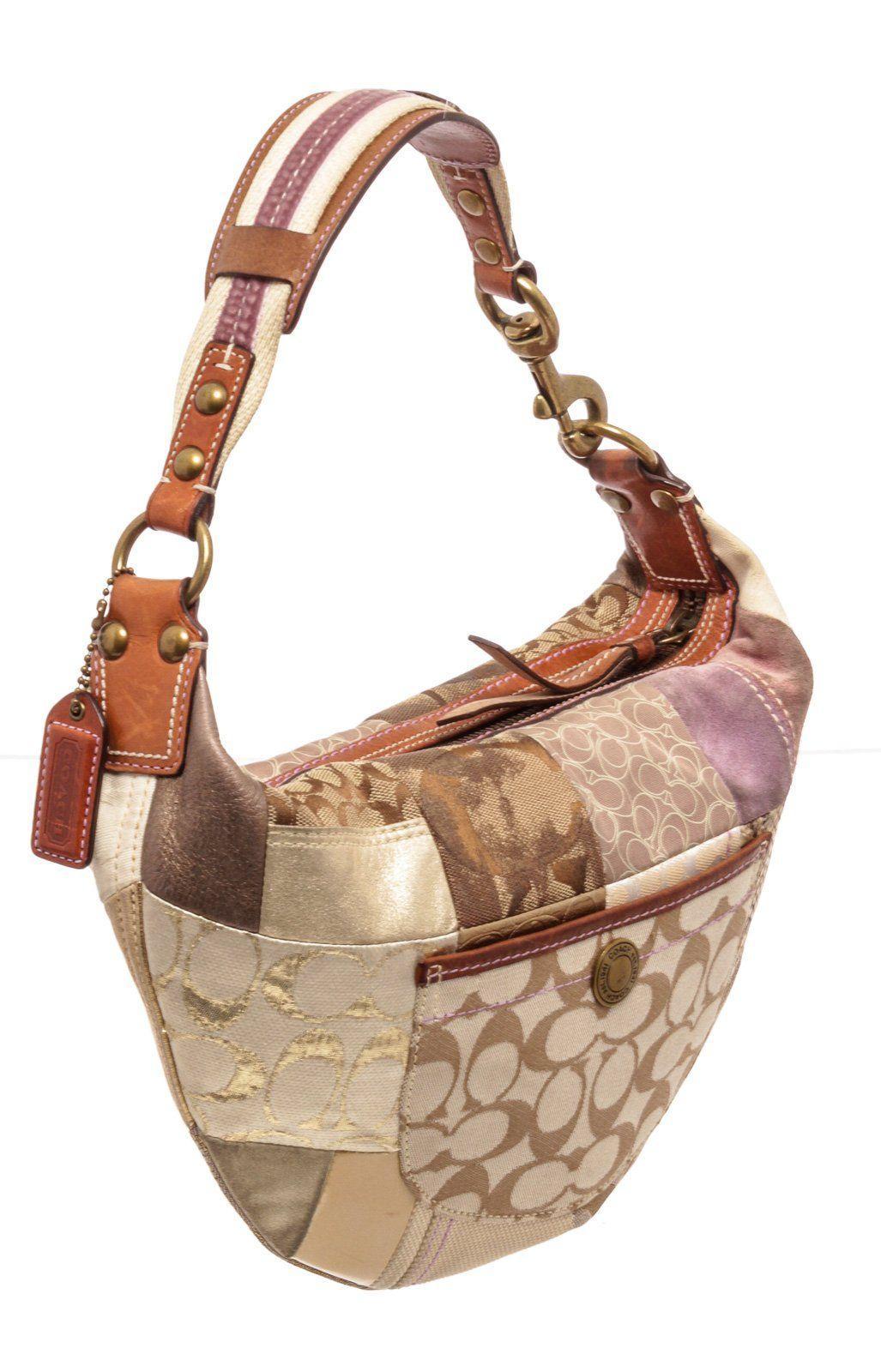 Coach Mehrfarbige Patchwork-Schultertasche aus Segeltuch und Leder (Braun) im Angebot
