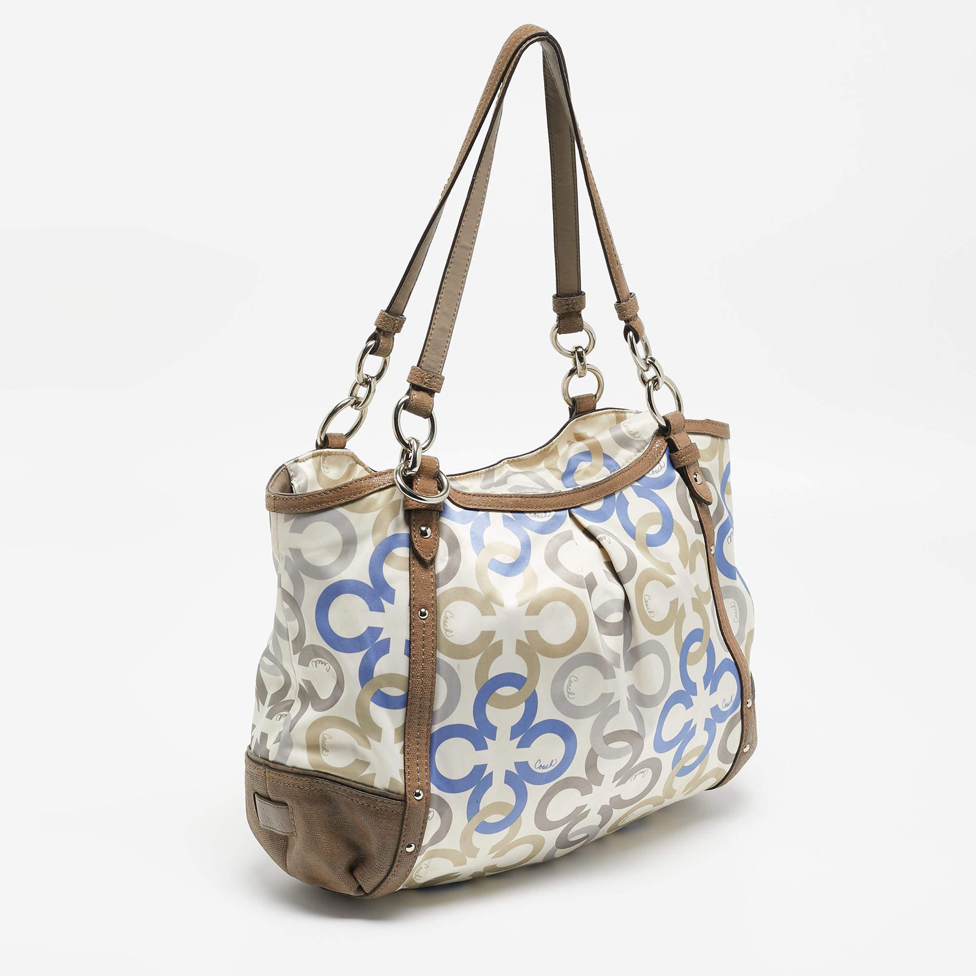 Gray Coach Multicolor Signature Satin and Leather Hobo For Sale