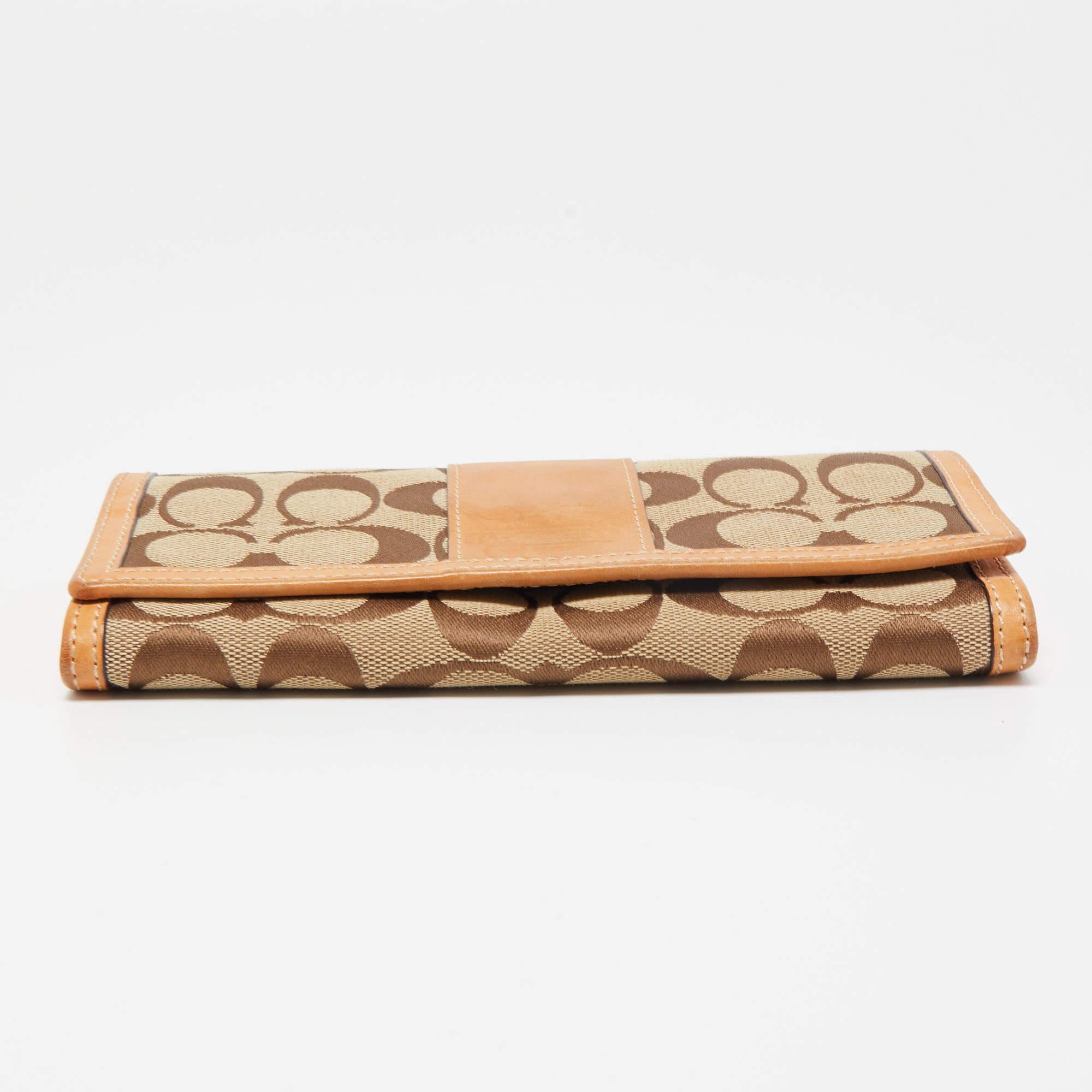 Coach Natural/Beige Signature Canvas and Leather Flap Continental Wallet For Sale 1