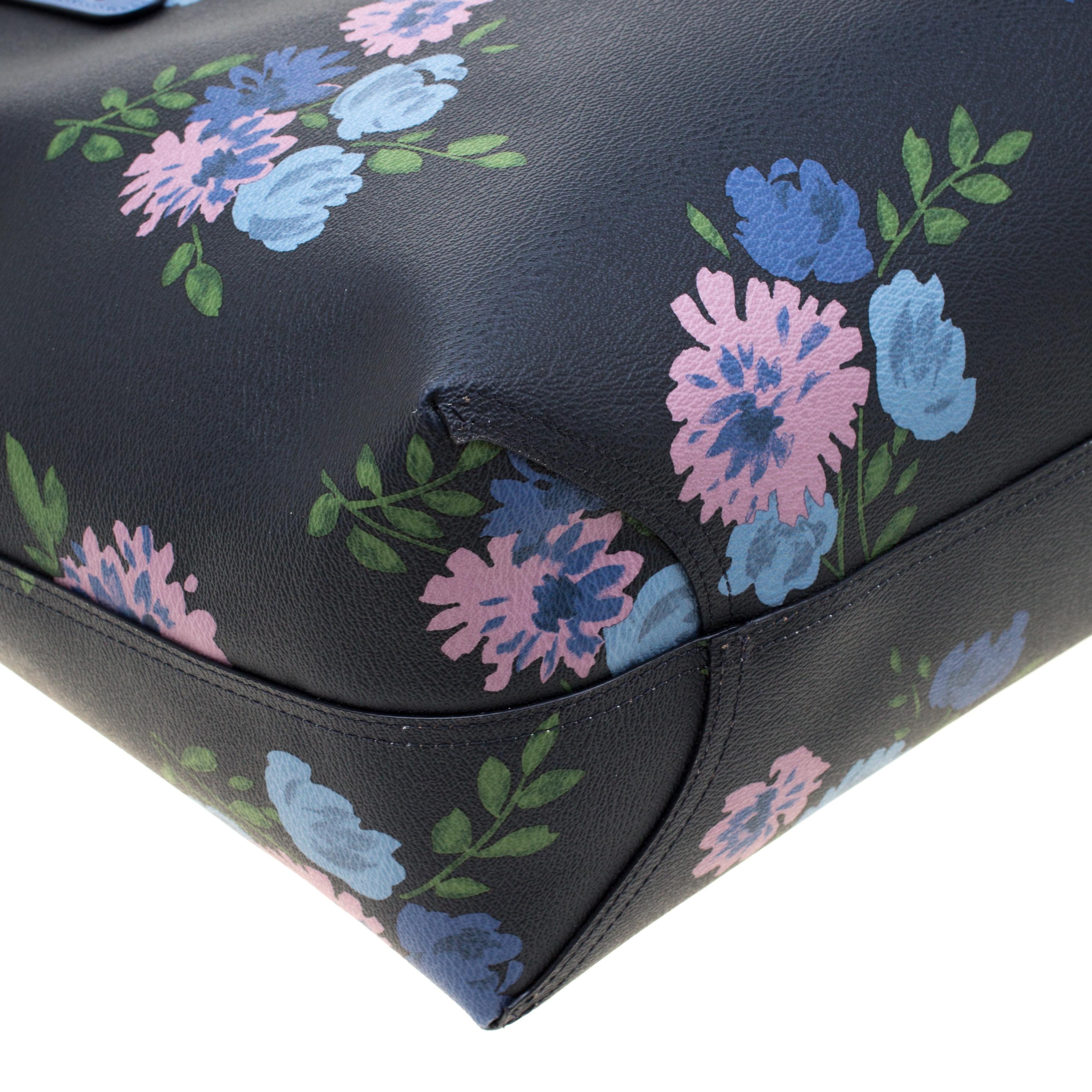 Coach Navy Blue/Beige Floral Print And Signature Coated Canvas Reversible City T 1