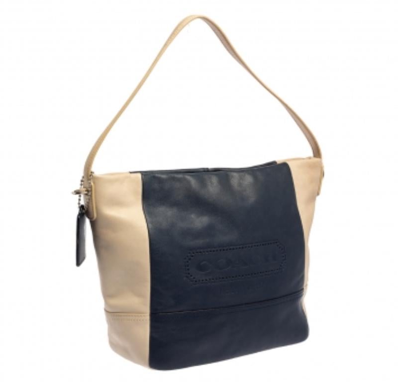 Black Coach Navy Blue/Beige Leather Legacy Weekend Hobo For Sale