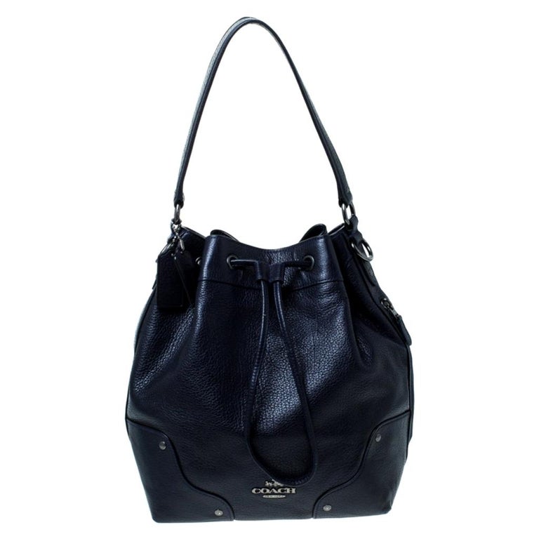 Coach Navy Blue Leather Drawstring Bucket Bag For Sale at 1stDibs