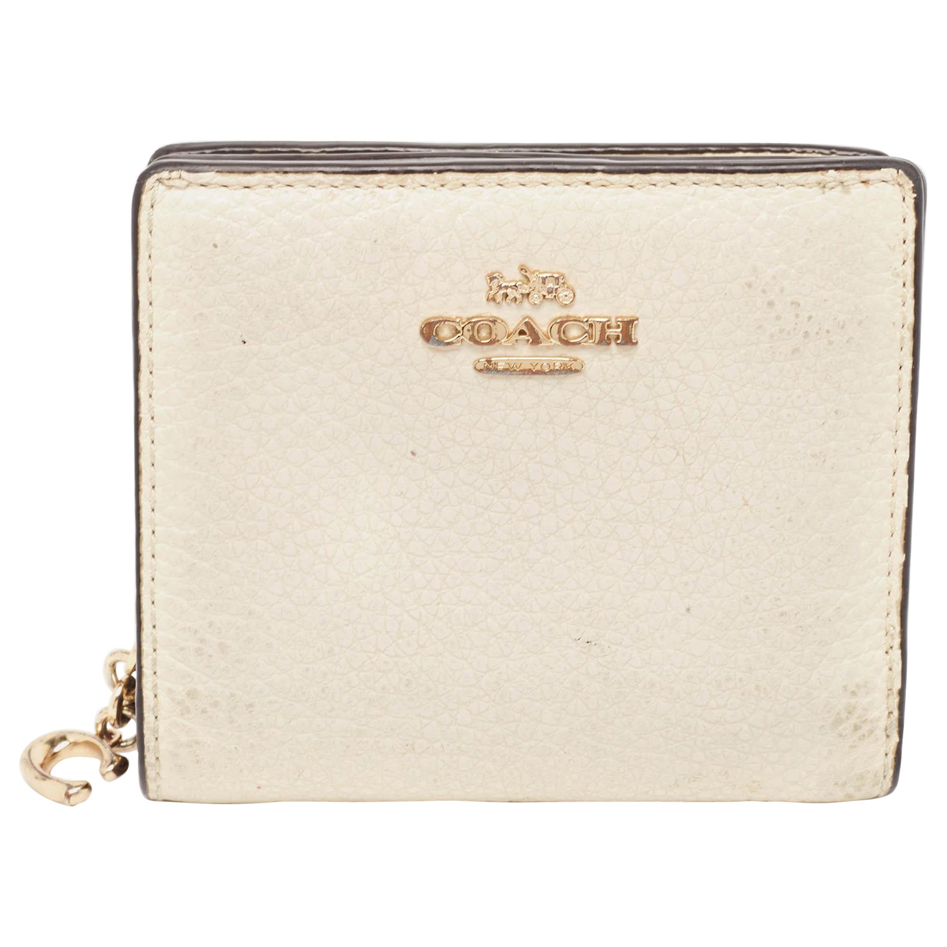 Coach Off-White/Braun Leder Snap Compact Brieftasche im Angebot