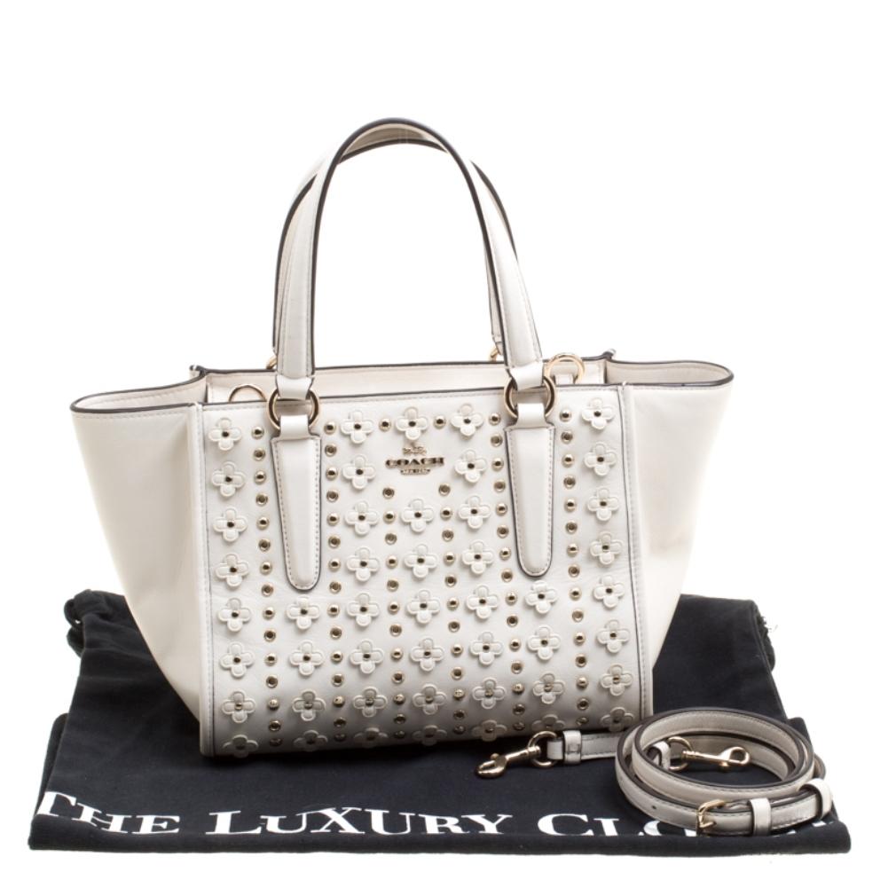 Coach Off White Leather Eyelet Floral Details Top Handle Bag 4