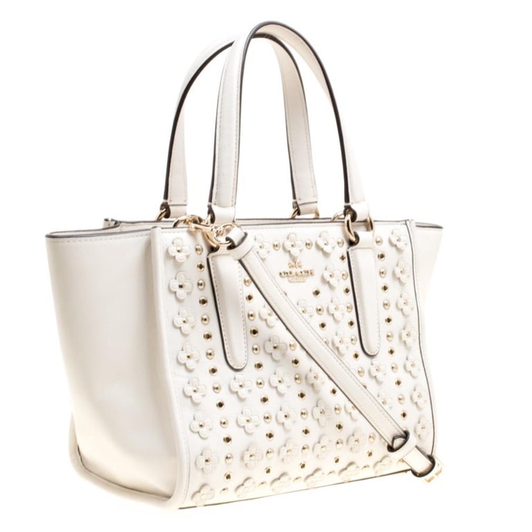 Coach Off White Leather Eyelet Floral Details Top Handle Bag For Sale ...