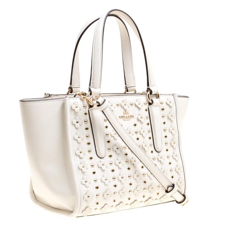 Coach Off White Leather Eyelet Floral Details Top Handle Bag For Sale