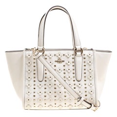 Coach Off White Leather Eyelet Floral Details Top Handle Bag