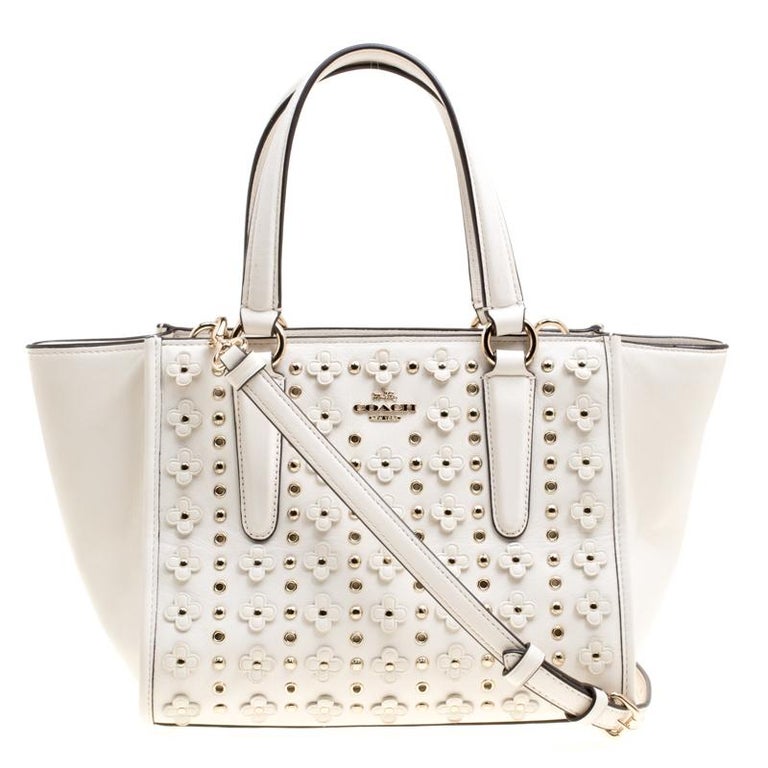 Coach Off White Leather Eyelet Floral Details Top Handle Bag For Sale ...