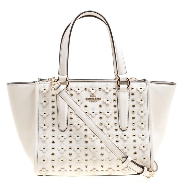 Coach Off White Leather Eyelet Floral Details Top Handle Bag For Sale