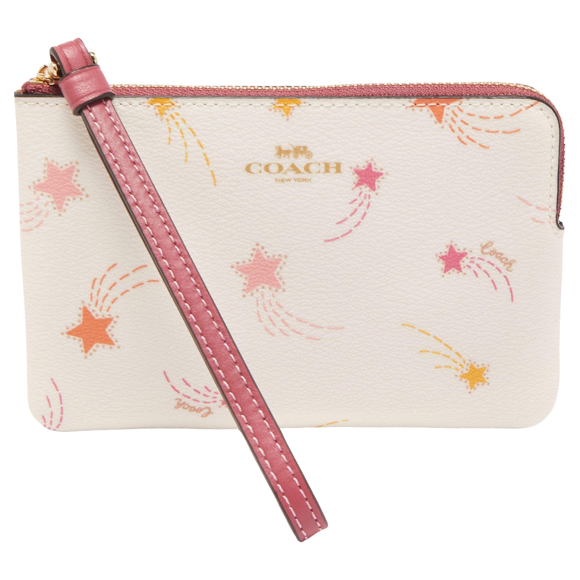 Coach Old Rose/Off White Coated Canvas Shooting Star Print Zip Wristlet Pouch For Sale