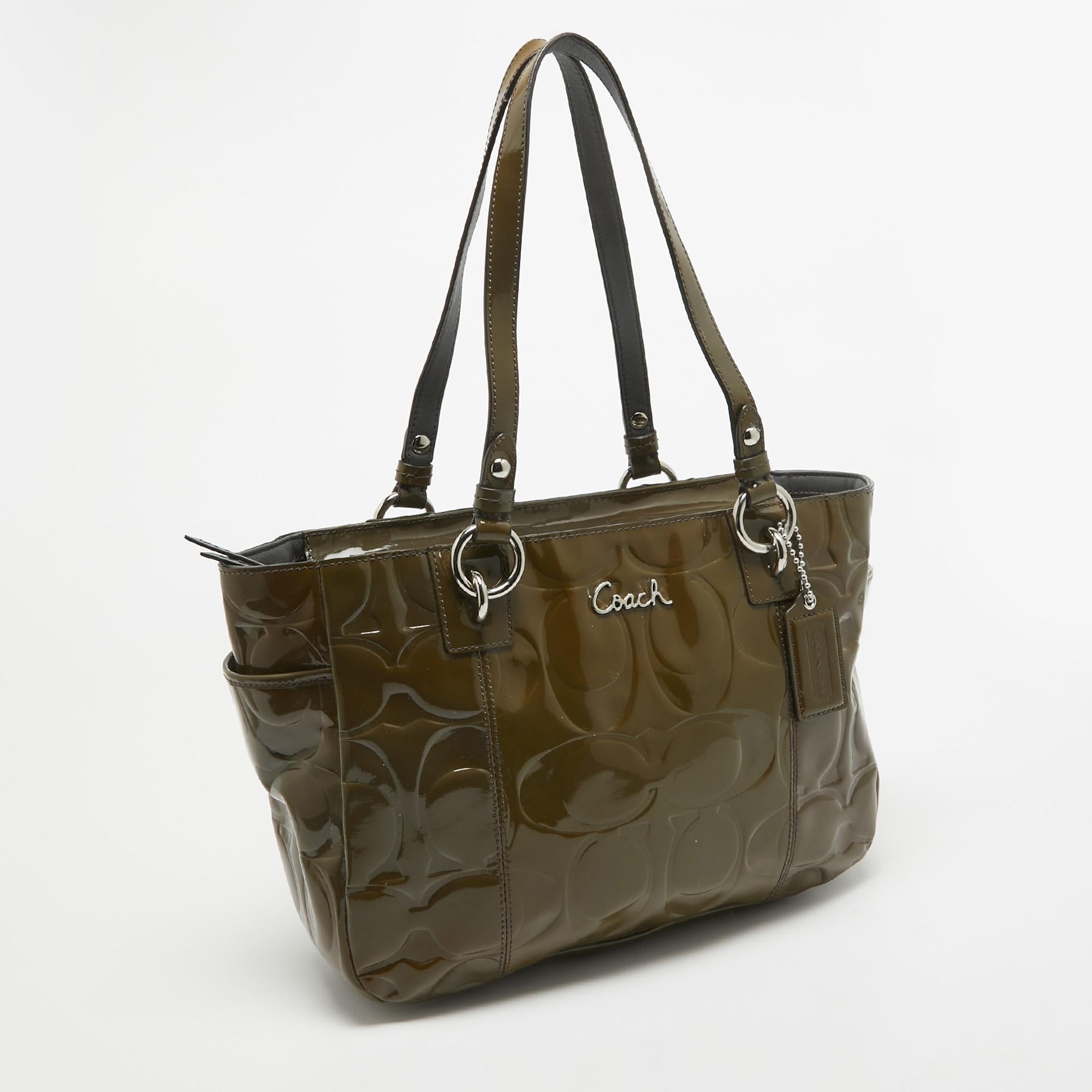 Black Coach Olive Green Op Art Embossed Patent Leather East West Gallery Tote