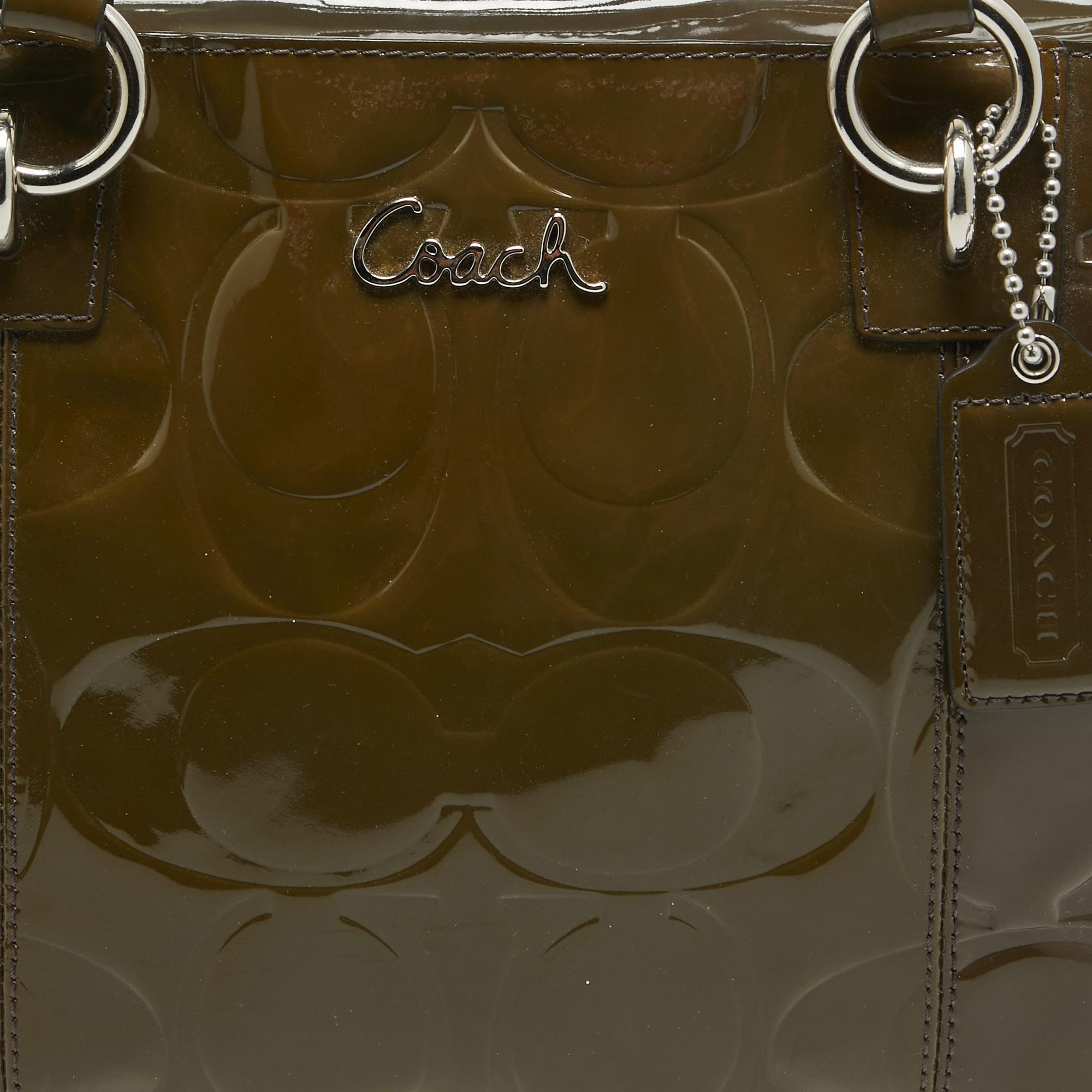 Women's Coach Olive Green Op Art Embossed Patent Leather East West Gallery Tote